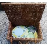 WICKER PICNIC BASKET & CONTENTS