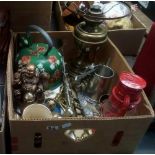 TWO CARTONS OF VARIOUS WOOD & METAL WARE INCL; A BARGE WARE PAINTED KETTLE, BRASS OIL LAMP BODY,