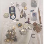 TUB WITH QTY OF CUFF LINKS, PIN BADGES, COINS, ZIPPO WORLD CUP 66 LIGHTER & ROLLED GOLD PENCIL