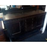 1920'S CARVED OAK SIDEBOARD WITH BARLEY TWIST LEGS & BRASS DROP HANDLES