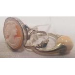 A CARVED CAMEO SHELL RING IN SILVER & 2 OTHERS