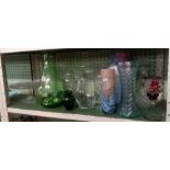 SHELF OF GLASS VASES, DECANTERS ETC