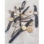 SMALL WOOD BOX OF MISC LADIES & GENTS WATCHES & THREE WHITE METAL TWEEZERS