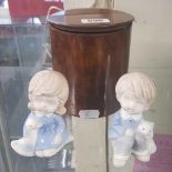 TWO SMALL CHINA BOY & GIRL & A ROUND WOODEN TEA OR TOBACCO CONTAINER