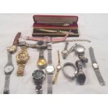 QTY OF LARGE SIZE GENTS WRIST WATCHES, TWO LADIES GOLD COLOURED WATCHES & OTHERS