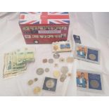 1 BUS BISCUIT TIN CONTAINING VARIOUS CONS & NOTES INCL; 5 X £1 GB NOTES, GUERNSEY VE DAY 2005 CROWN,