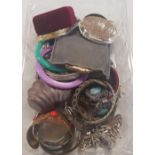 TWO CARTONS OF COSTUME JEWELLERY INCL; PEARL NECKLACES, STONE NECKLACES, POWDER COMPACTS &