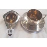 WHITE METAL ART DECO CUP, SAUCER & TEA STRAINER