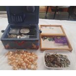 SMALL WOODEN JEWEL BOX WITH COSTUME JEWELLERY INCL; SILVER EARRINGS & BLUE CLOTH HANDLED JEWEL BOX