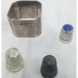 SQUARE SILVER NAPKIN RING & THREE SILVER THIMBLES