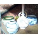 SHELF CONTAINING 3 JARDINIERE'S, GINGER JAR MINUS TOP & LONG STEM HANDLED VASE