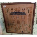 OAK FRAMED VICTORIAN SAMPLER OF A HOUSE WITH TREES