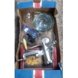 CARTON OF KITCHEN GLASS ITEMS & METAL MEAT MINCER