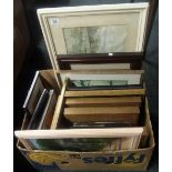 A BOX OF ASSORTED WATERCOLOURS, OIL PAINTINGS, ANTIQUE ENGRAVING ETC