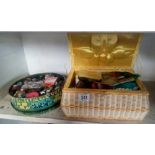 SEWING BOX & CONTENTS PLUS LARGE TIN OF BUTTONS