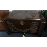 CARVED ORIENTAL CAMPHOR CHEST WITH BRASS LOCK