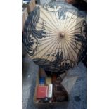 CARTON WITH SMALL PARASOL, CLOTHES BRUSHES & OTHER BRIC-A-BRAC