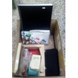 CARTON WITH COMPACT WOODEN EASEL PAINT SET, PAD CARTRIDGE PAPER, VARIOUS WATERCOLOURS IN TUBES & A