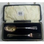 SILVER FORK & SPOON CHRISTENING SET - B'HAM 1931 IN CASE