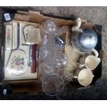 CARTON OF GLASSWARE INCL; BOX HAIRDRESSING SET, LACE TRAY WITH LACE, DOILIES & TEA POT