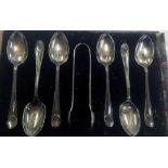 SIX SILVER COFFEE SPOONS & SUGAR NIPS IN BOX A/F