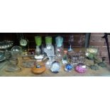 TWO SHELVES OF MIXED CHINA INCL; CAITHNESS GLASS PAPERWEIGHTS, TWO FLAT IRONS, OWL CLOCK & OTHER