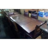 DARK OAK EXTENDING DINING TABLE WITH 6 MATCHING LEATHER STUD DINING CHAIRS