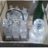 SMALL CARTON WITH CRUET SET, CRUET SET BOTTLES & DECANTERS, INCL; A GREEN BOTTLE NAMED CARNE OF