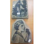 TWO ANTIQUE COPPER PRINTING BLOCKS, 1 OF A WOMAN HOLDING A FLOWER & 1 OF A MAN IN A GARDEN