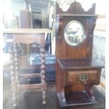 SMALL CARVED MAHOGANY HALL CUPBOARD WITH BEVELLED EDGE MIRROR & SMALL OAK CARVED TABLE