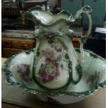 GREEN & PINK FLORAL PATTERN, JUG & EWER SET - IRONSTONE