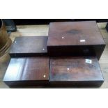 WOODEN JEWELLERY BOX WITH PURPLE LINING & THREE OTHER WOOD BOXES