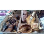 TWO CARTONS OF VARIOUS WOODEN ETHNIC FIGURES, TWO SMALL BAROMETERS & BUTTERFLY WIND CHARM
