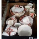 RED FLORAL TEA SET WITH GOLD RIMMED CUPS & PLATES (NO NAME)