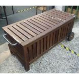 WOODEN GARDEN BENCH STORAGE ON WHEELS