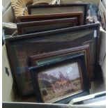 CARTON OF WOOD FRAMED PICTURES INCL; HUNT SCENES