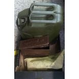 CARTON WITH A WD MARKED 1967 JERRY CAN & AMMUNITION BOX WITH EMPTY CASES & CANVAS BAG