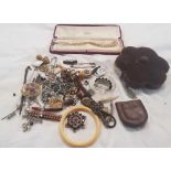 BAG CONTAINING COSTUME JEWELLERY INCL; WHITE STONE NECKLACES & TIE PINS ETC