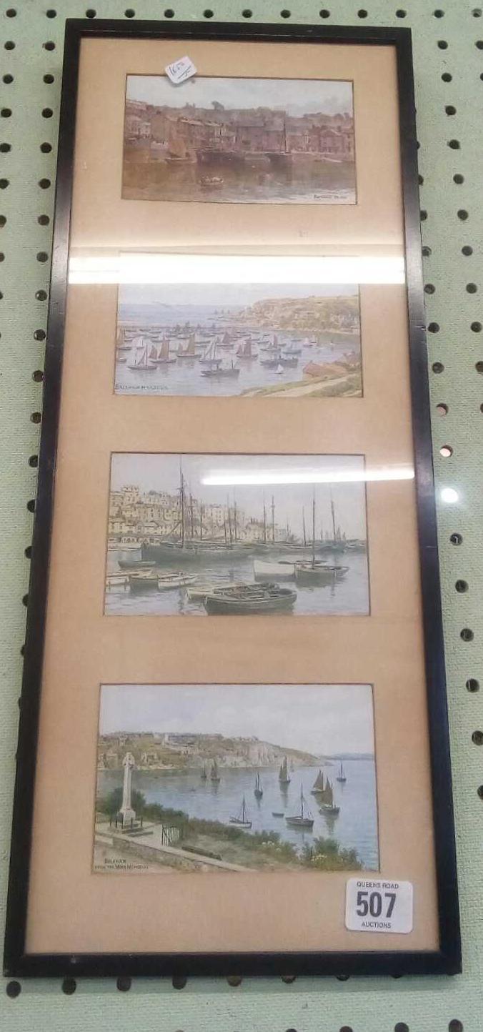 A SET OF FOUR ANTIQUE COLOUR POSTCARDS OF BRIXHAM CIRCA 1920 IN ONE FRAME