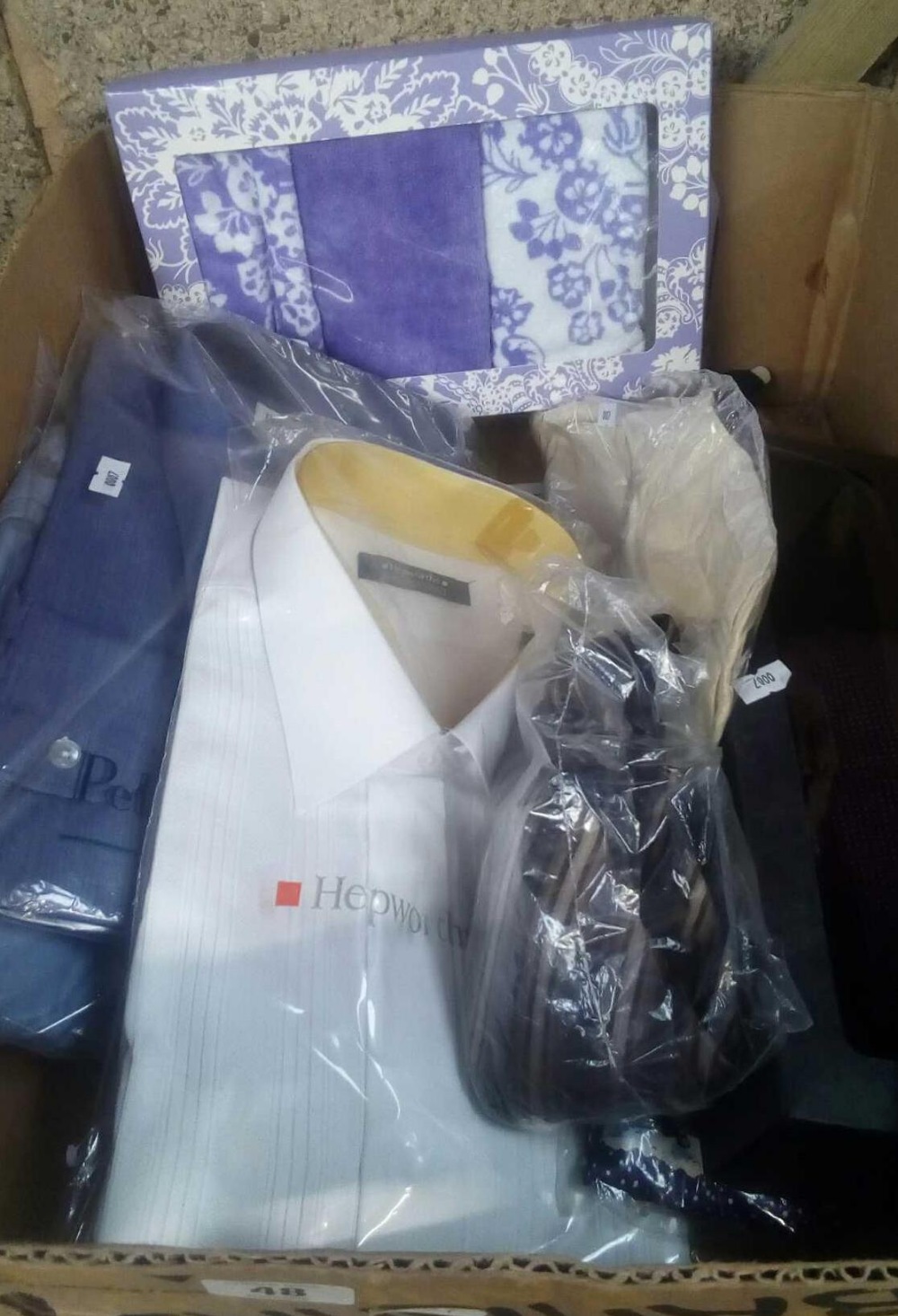 CARTON WITH THREE SHIRTS, SCARF, TIES & SMALL BATHROOM TOWEL SET