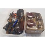 TWO CARTONS OF MIXED BRIC-A-BRAC INCL; HAIRBRUSHES, PENS, PENCILS, DESK TOP INK SET & OTHERS