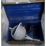 BROWN TIN TRUNK A/F WITH SAUCEPAN, GALVANISED WATERING CAN & METAL FLOWER BASKET