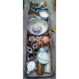 THREE CARTONS OF MIXED CHINAWARE INCL; STONE WATER BOTTLES, ORIENTAL TEA SET & SOAP DISHES