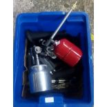 BLUE CARTON OF GARAGE EQUIPMENT, SPANNERS, SPRAY GUNS, SPRAY CANS ETC