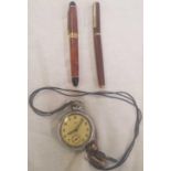 TUB WITH TWO PENS, A SMITH EMPIRE POCKET WATCH & WATCH KEY