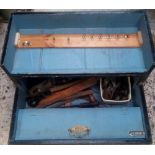 BLACK PAINTED WOODEN TOOL BOX WITH CONTENTS INCL; A RECORD SMOOTHING PLANE