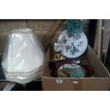 CARTON WITH 2 CREAM LAMP SHADES, TORSION CLOCK, OWL MIRROR & 2 OTHER CLOCKS