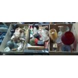 THREE CARTONS OF MIXED CHINA GLASS& DECORATIVE ITEMS INCL; PAIR OF BROWN DOG BOOK ENDS, LARGE