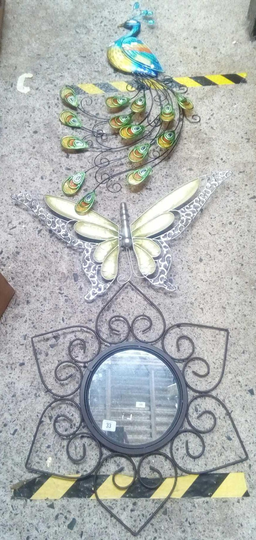 ROUND METAL MIRROR & 2 METAL WALL DECORATIONS - A BUTTERFLY & PEACOCK