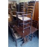 LARGE OLD DINING TABLE A/F 5FT 6'' LONG WITH 4 LADDER BACK STRUNG SEATED CHAIRS PLUS 2 CARVER CHAIRS